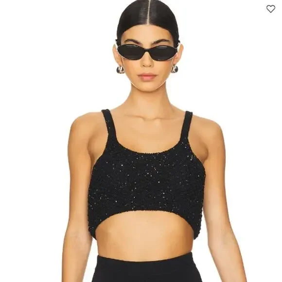 Asta Resort Grace Sequined Crochet Crop Tank Top XS Black NEW NWT - Picture 1 of 13